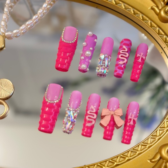 Long Square Pink Handmade Press On Nails - Picture 4 of 10